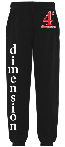 A photo of the La 4e dimension - ESMC Sweatpants in color black with 4e dimensions logo and dimension writing on leg.