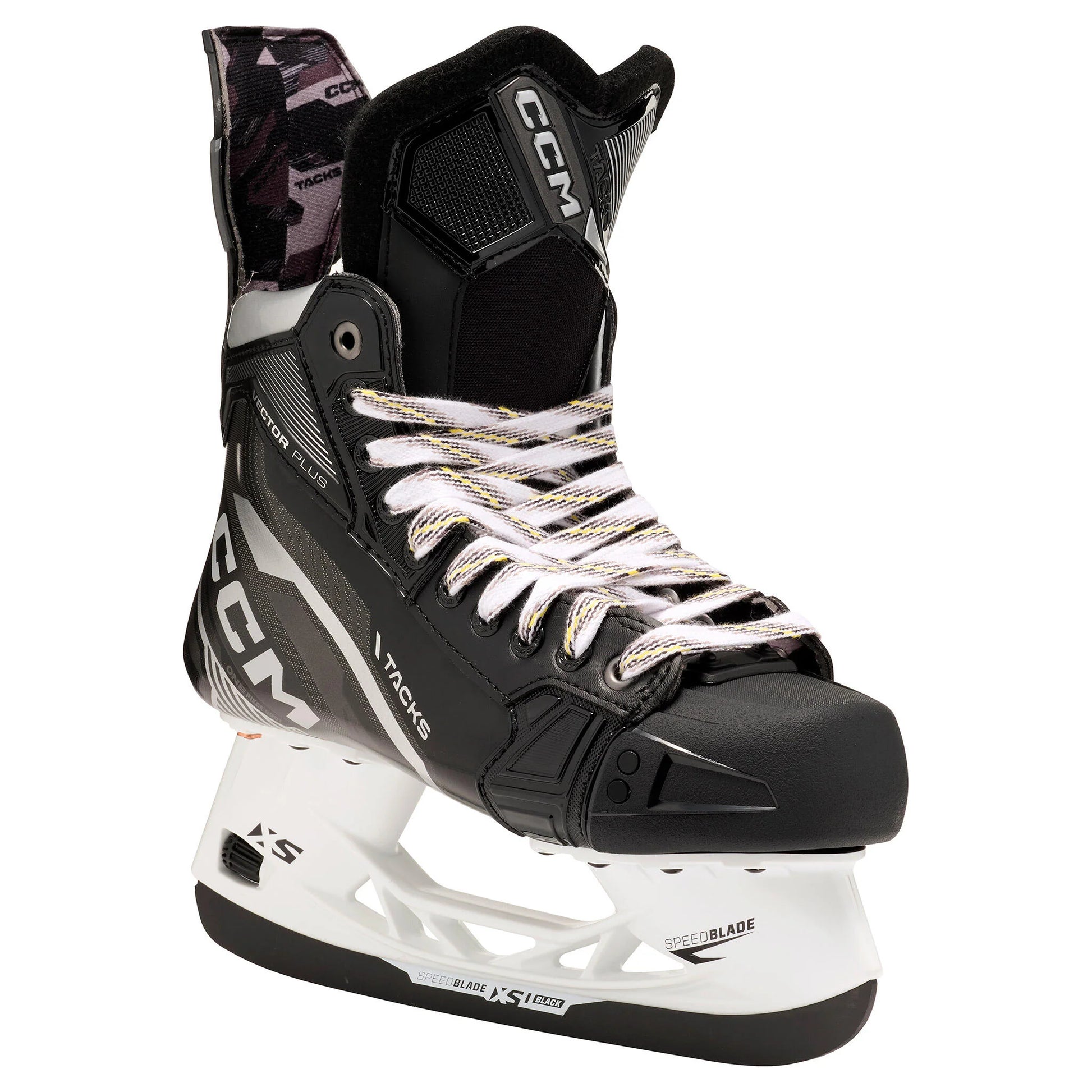 A photo of the CCM Tacks Vector Plus Senior Hockey Skates (2022) with STEP XS1 Blacksteel - Source Exclusive in colour black with blacksteel blades angled view.