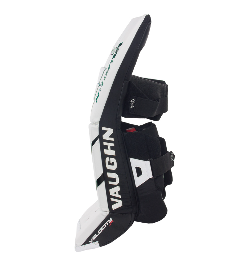 A photo of the Vaughn Velocity VX1 Pro Carbon Senior Goalie Pads in colour white. Side view.