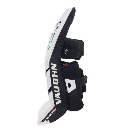 A photo of the Vaughn Velocity VX1 Pro Carbon Senior Goalie Pads in colour white. Side view.