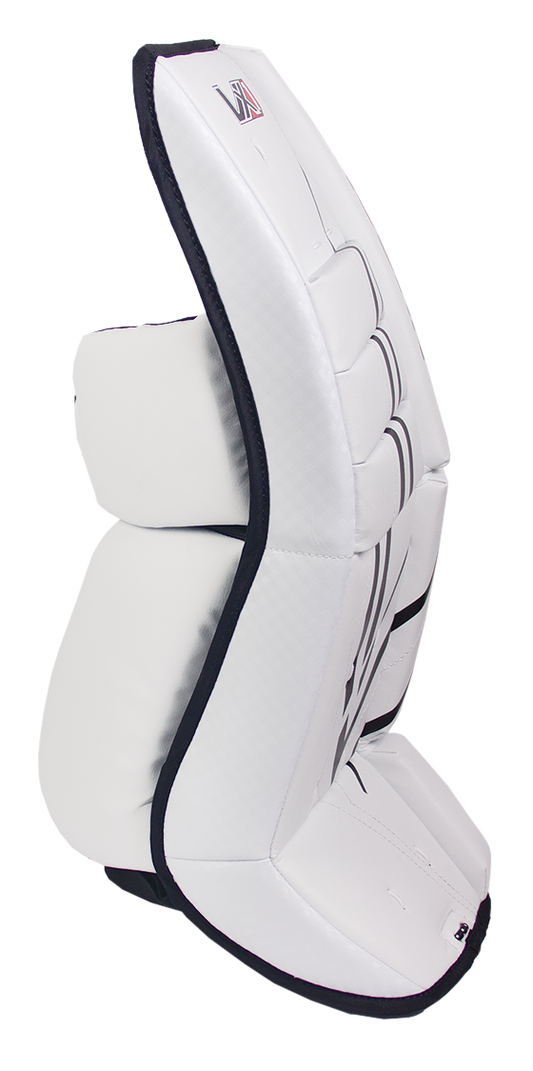 A photo of the Vaughn Velocity VX1 Pro Carbon Senior Goalie Pads in colour white. Side view.