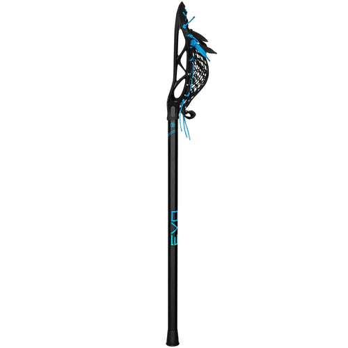 A photo of a Warrior EVO Junior Complete Lacrosse Stick length 37 inches in black colour side view