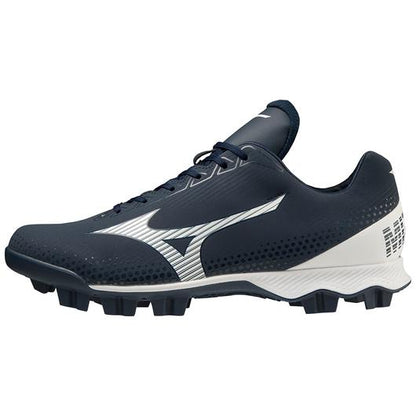 A photo of the Mizuno Wave LightRevo TPU Low Men's Molded Baseball Cleats in colour navy blue and white, side view.