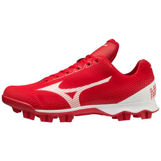 A photo of the Mizuno Wave LightRevo TPU Low Men's Molded Baseball Cleats in colour red and white, side view.