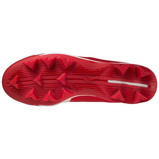 A photo of the Mizuno Wave LightRevo TPU Low Men's Molded Baseball Cleats in colour red and white, bottom sole view.
