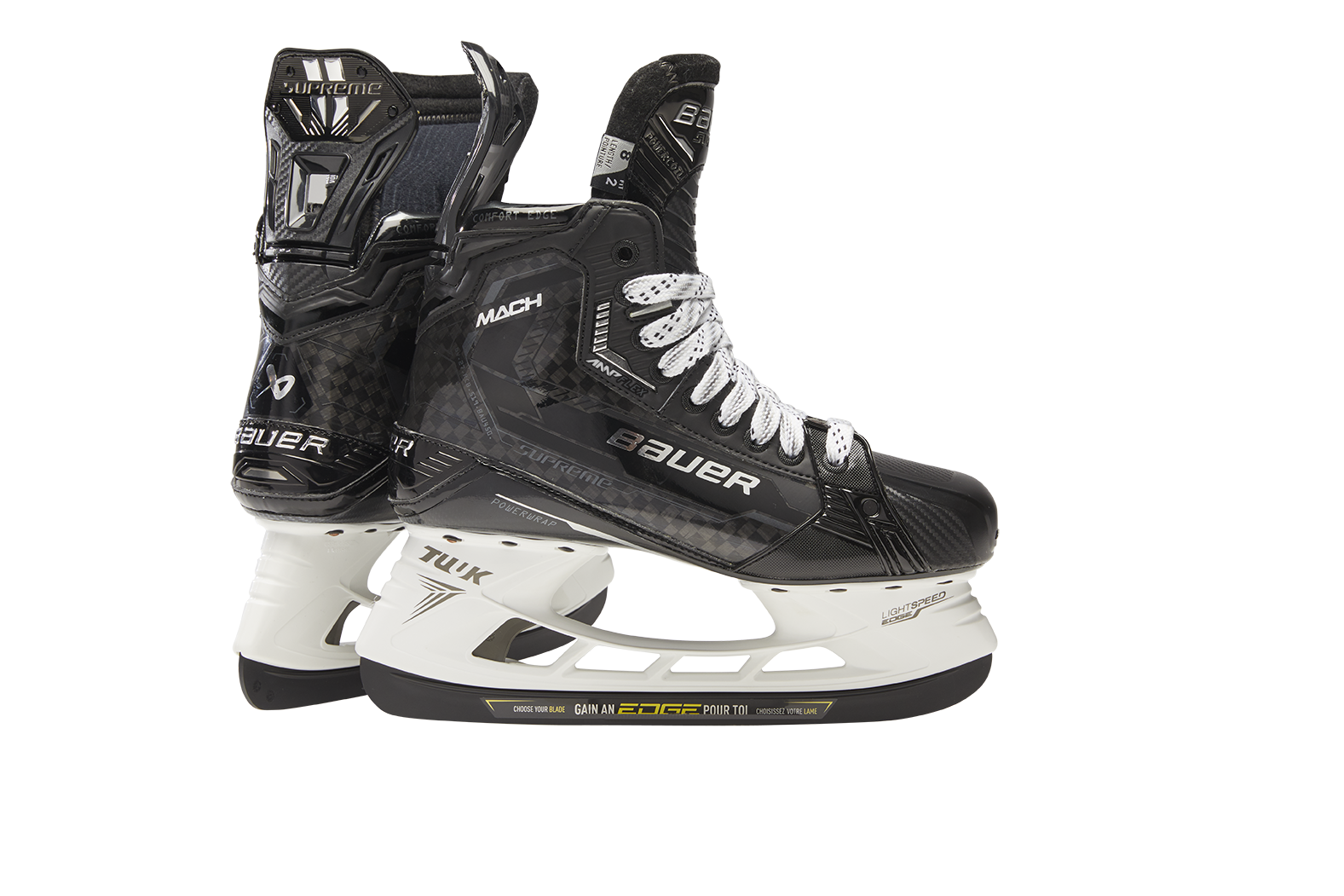 A photo of the Bauer Supreme Intermediate MACH Hockey Skate with Pulse Steel in colour black. Dual view.