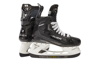A photo of the Bauer Supreme Intermediate MACH Hockey Skate with Pulse Steel in colour black. Dual view.