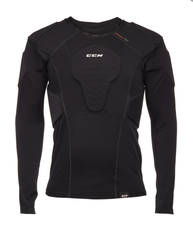 A photo of the CCM Referee Padded Shirt in colour black front view.