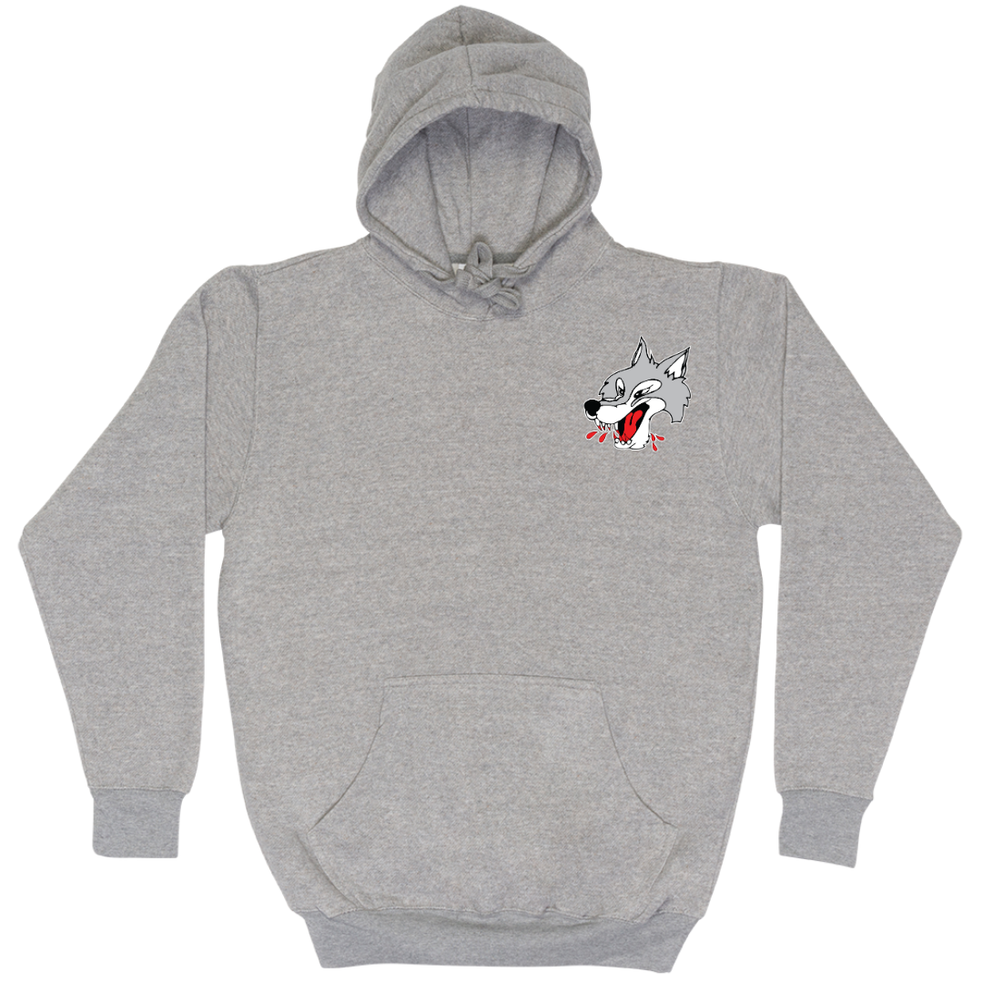 Grey long sleeve hoodie with drawstring. Wolves head on upper left chest. Hand warmer pockets.