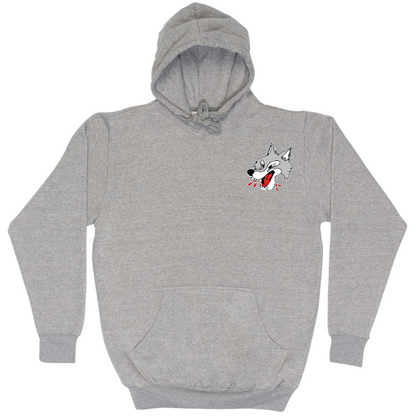 Grey long sleeve hoodie with drawstring. Wolves head on upper left chest. Hand warmer pockets.