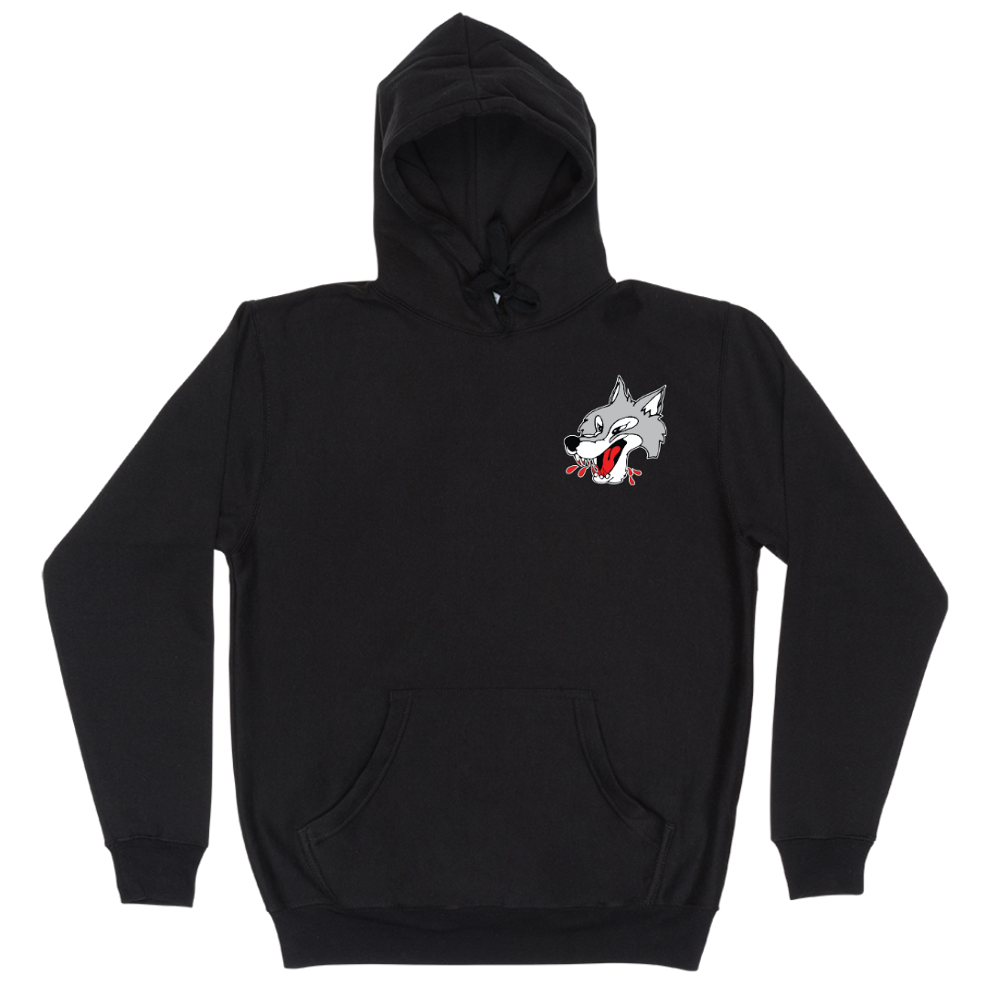 Black Sudbury Wolves long sleeve hoodie with drawstring hood. Upper left chest area has a Sudbury Wolves head.