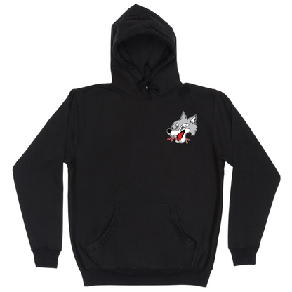 Black Sudbury Wolves long sleeve hoodie with drawstring hood. Upper left chest area has a Sudbury Wolves head.