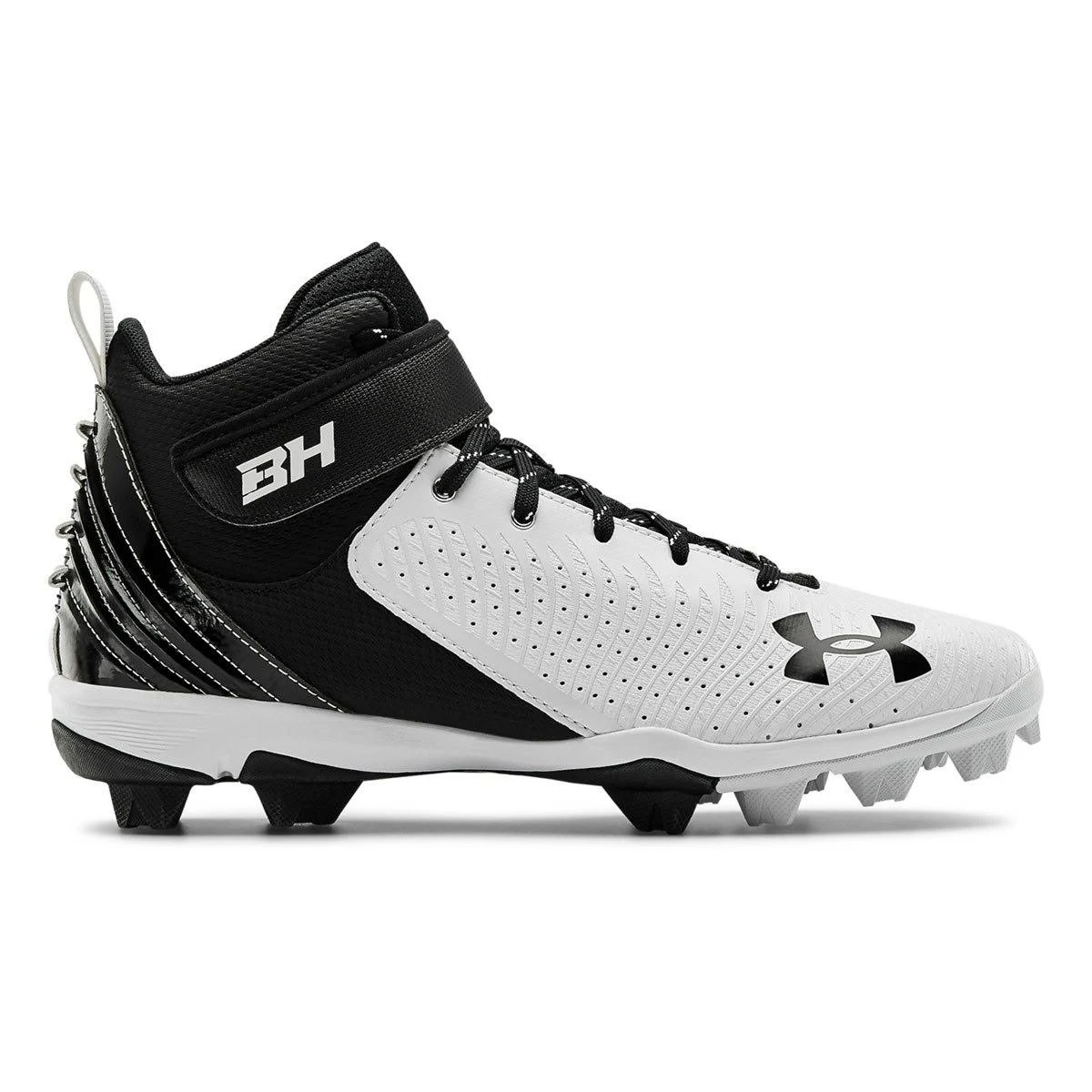 A photo of the Under Armour Junior Harper 5 Mid RM Cleats in colour white and black side view.